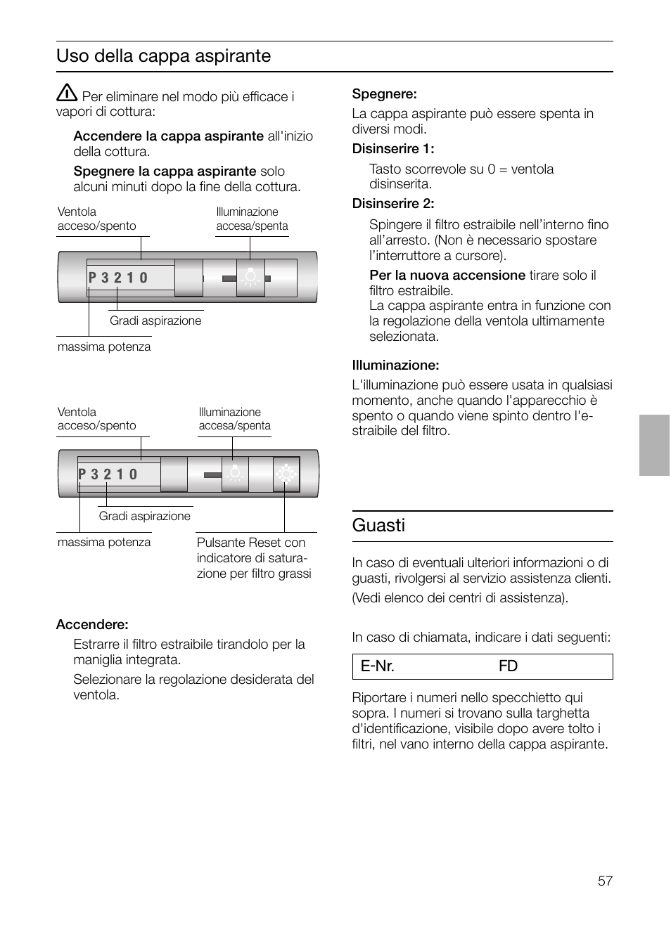 Uso della cappa aspirante, Guasti | Siemens LI44930 User Manual | Page 57 / 96