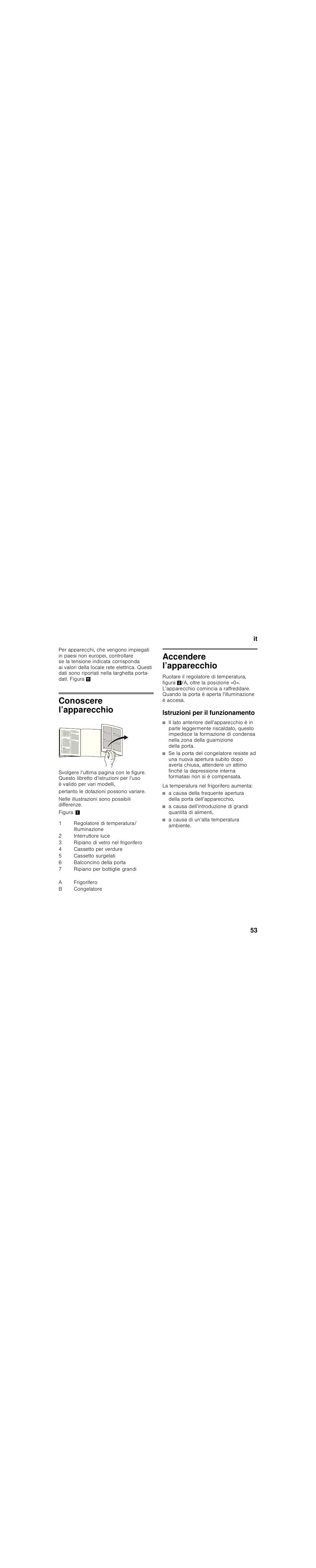 Conoscere l’apparecchio, Pertanto le dotazioni possono variare, Nelle illustrazioni sono possibili differenze | Figura ç, Regolatore di temperatura/ illuminazione, Interruttore luce, Ripiano di vetro nel frigorifero, Cassetto per verdure, Cassetto surgelati, Balconcino della porta | Siemens KI34VV21FF User Manual | Page 53 / 84