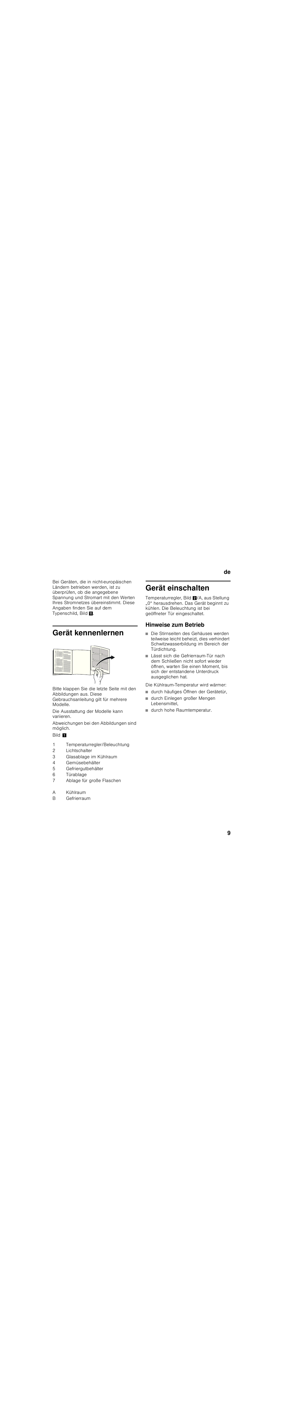 Gerät kennenlernen, Die ausstattung der modelle kann variieren, Abweichungen bei den abbildungen sind möglich | Bild ç, Temperaturregler/beleuchtung, Lichtschalter, Glasablage im kühlraum, Gemüsebehälter, Gefriergutbehälter, Türablage | Siemens KI34VV21FF User Manual | Page 9 / 84
