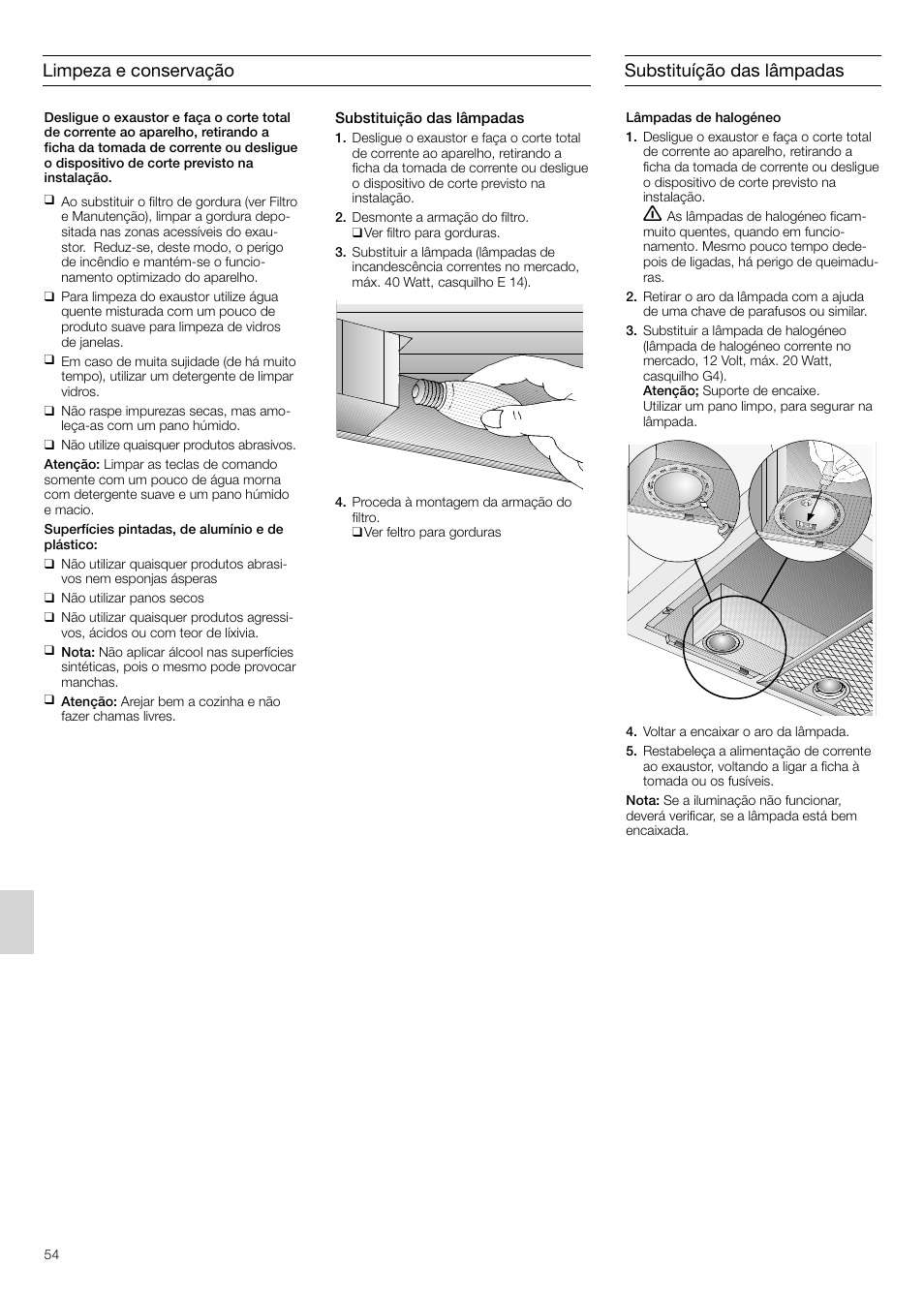 Limpeza e conservação, Substituíção das lâmpadas | Siemens LB75564 User Manual | Page 54 / 64