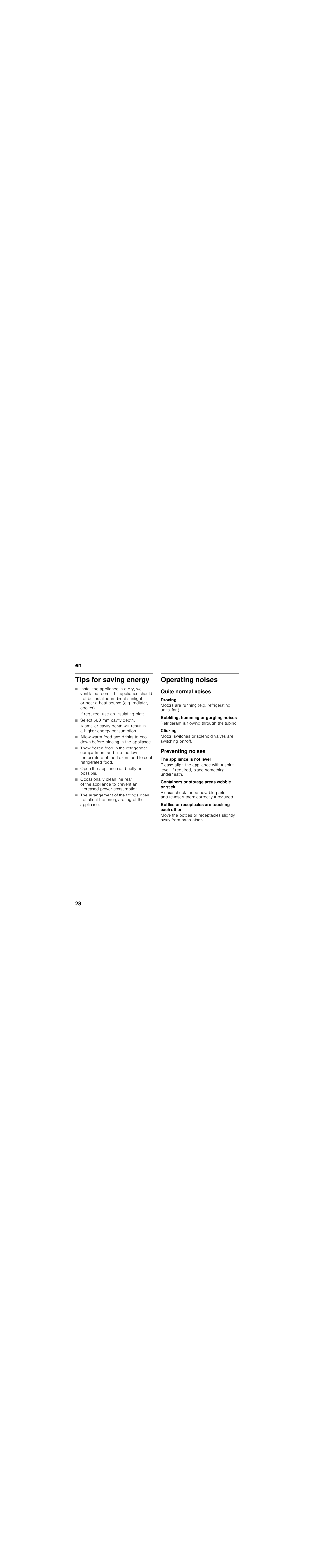 Tips for saving energy, If required, use an insulating plate, Select 560 mm cavity depth | Open the appliance as briefly as possible, Operating noises, Quite normal noises, Droning, Bubbling, humming or gurgling noises, Clicking, Preventing noises | Siemens KI81RAD30 User Manual | Page 28 / 81