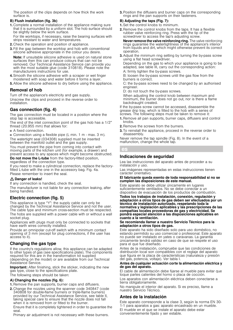 B) flush installation (fig. 3b), Check the operation and position of appliance, Note | Removal of hob, Gas connection (fig. 4), Danger of leaks, Electric connection (fig. 5), Changing the gas type, A) changing the nozzles (fig. 6), Remove the pan supports, burner caps and diffusers | Siemens EC675PB21E User Manual | Page 7 / 16