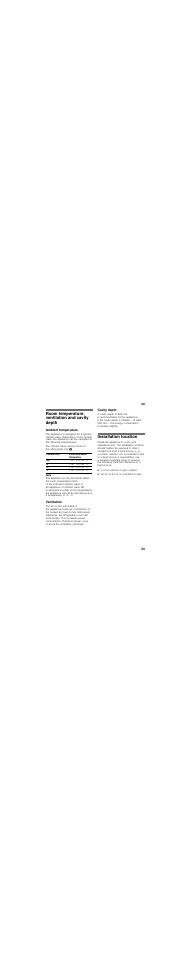 Room temperature, ventilation and cavity depth, Ambient temperature, Ventilation | Cavity depth, Installation location, 3 cm to electric or gas cookers, 30 cm to an oil or coal-fired cooker | Siemens GI18DA65 User Manual | Page 23 / 81