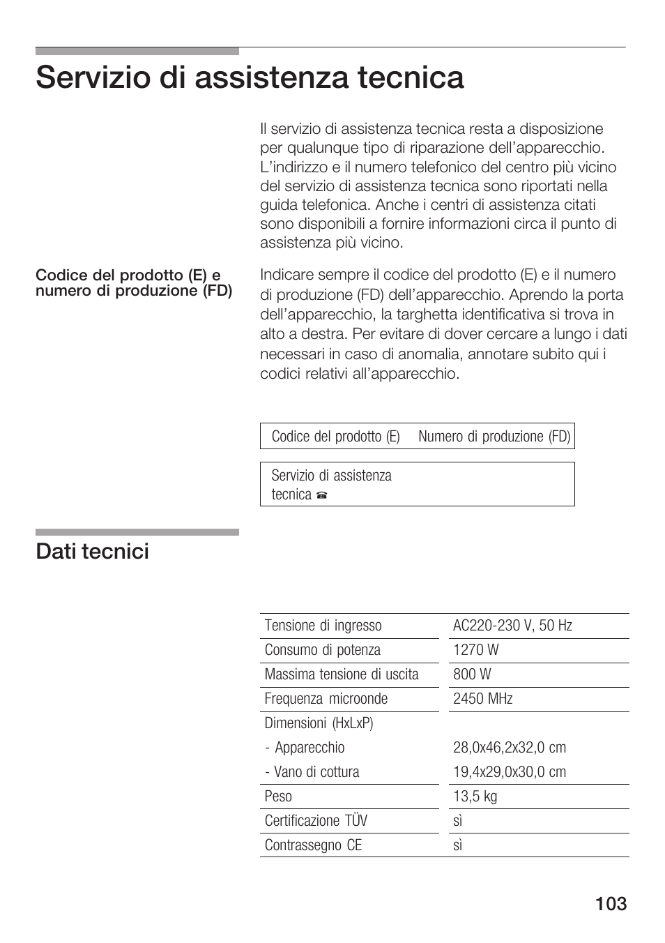 Servizio di assistenza tecnica, Dati tecnici | Siemens HF12M240 User Manual | Page 103 / 132