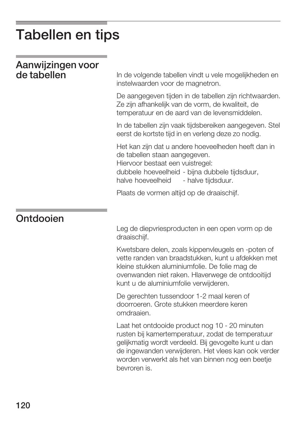 Tabellen en tips, Aanwijzingen voor de tabellen ontdooien | Siemens HF12M240 User Manual | Page 120 / 132