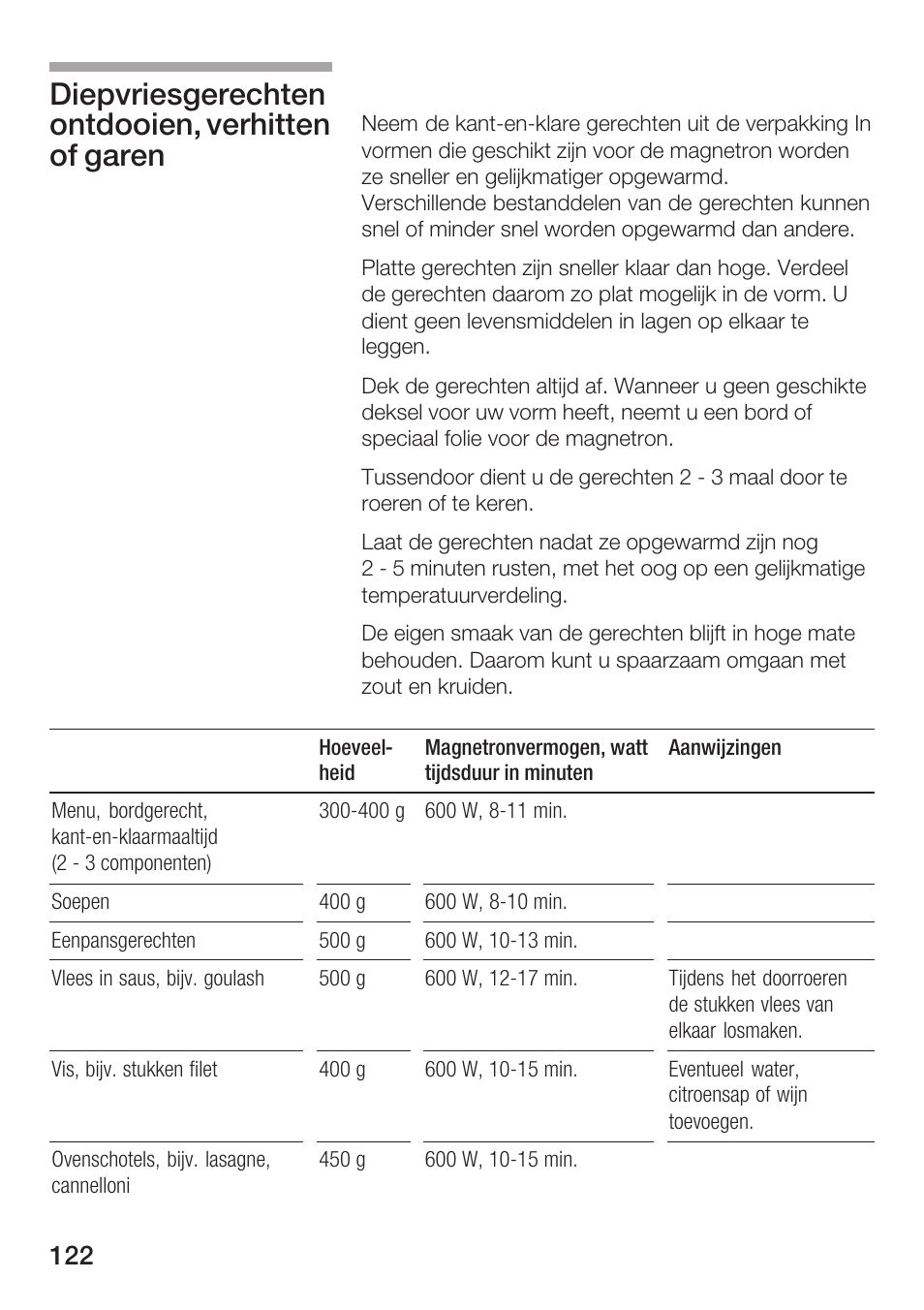 Diepvriesgerechten ontdooien, verhitten of garen | Siemens HF12M240 User Manual | Page 122 / 132