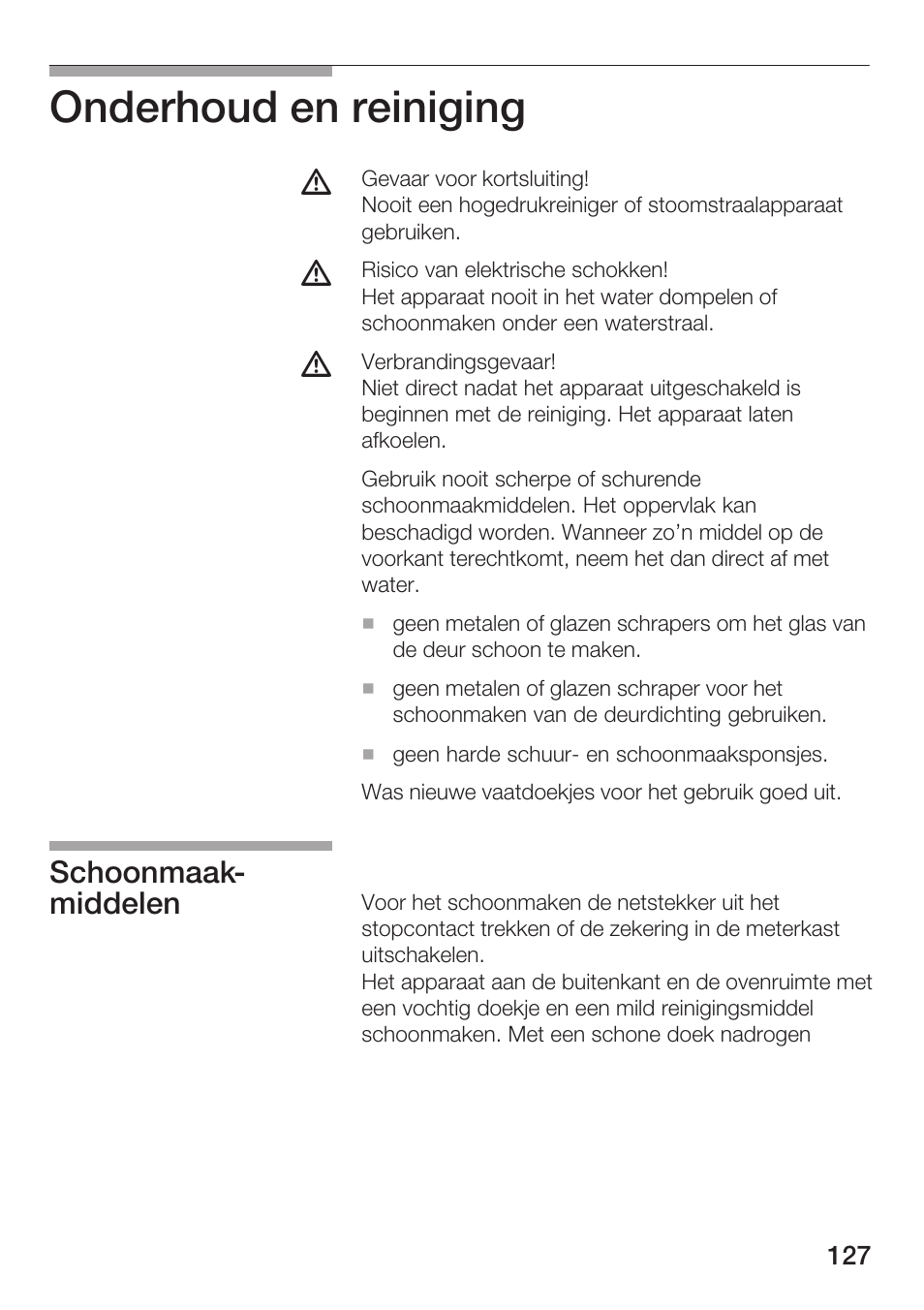 Onderhoud en reiniging, Schoonmaakć middelen | Siemens HF12M240 User Manual | Page 127 / 132