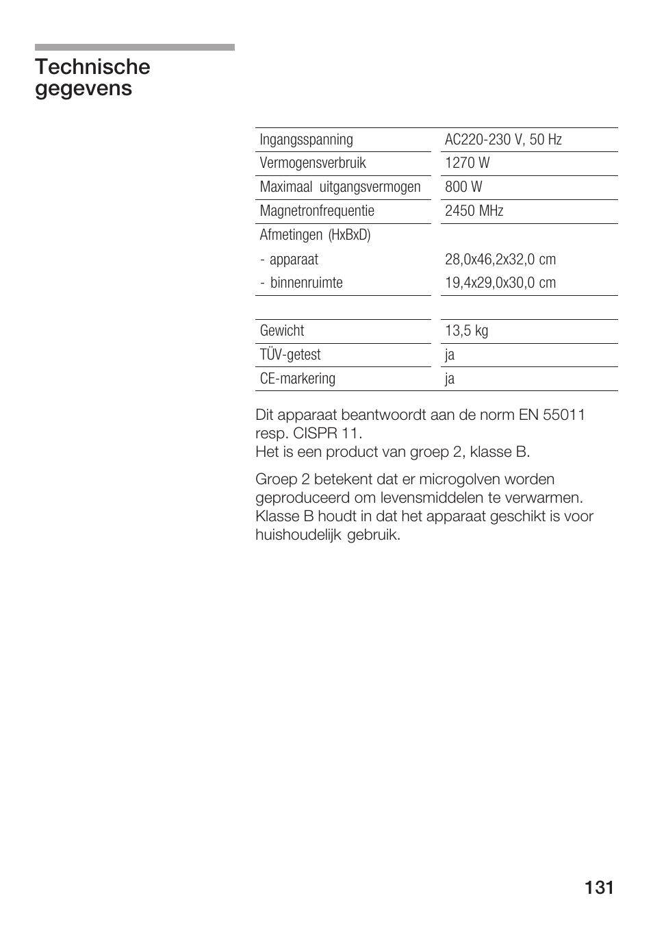 Technische gegevens | Siemens HF12M240 User Manual | Page 131 / 132