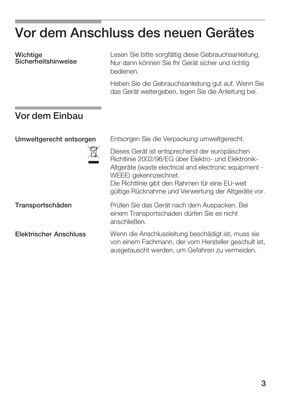 Vor dem anschluss des neuen gerätes, Vor dem einbau | Siemens HF12M240 User Manual | Page 3 / 132