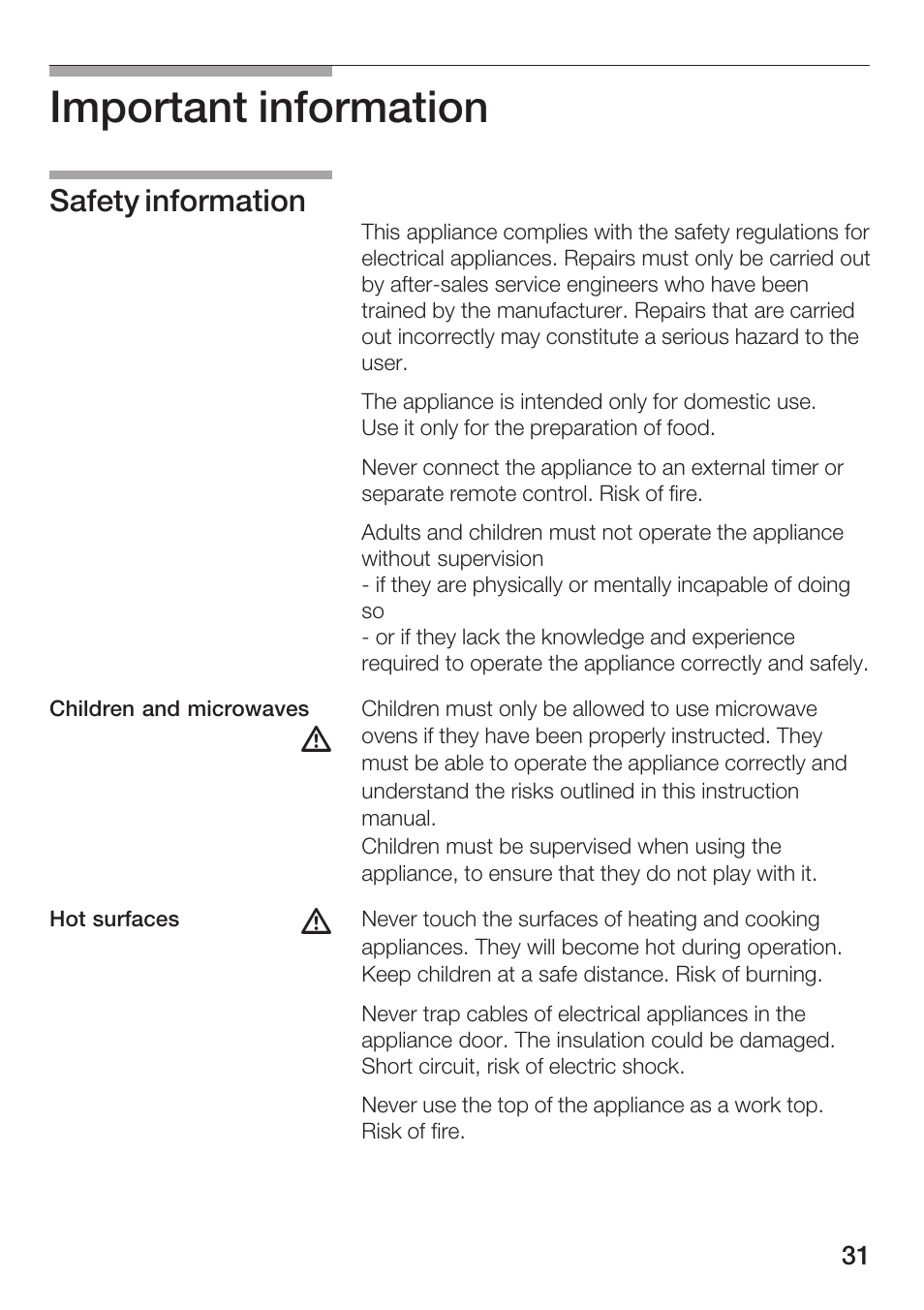 Important information, Safety information | Siemens HF12M240 User Manual | Page 31 / 132