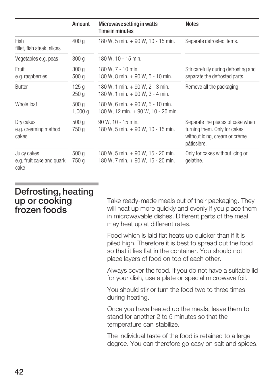 Defrosting, heating up or cooking frozen foods | Siemens HF12M240 User Manual | Page 42 / 132