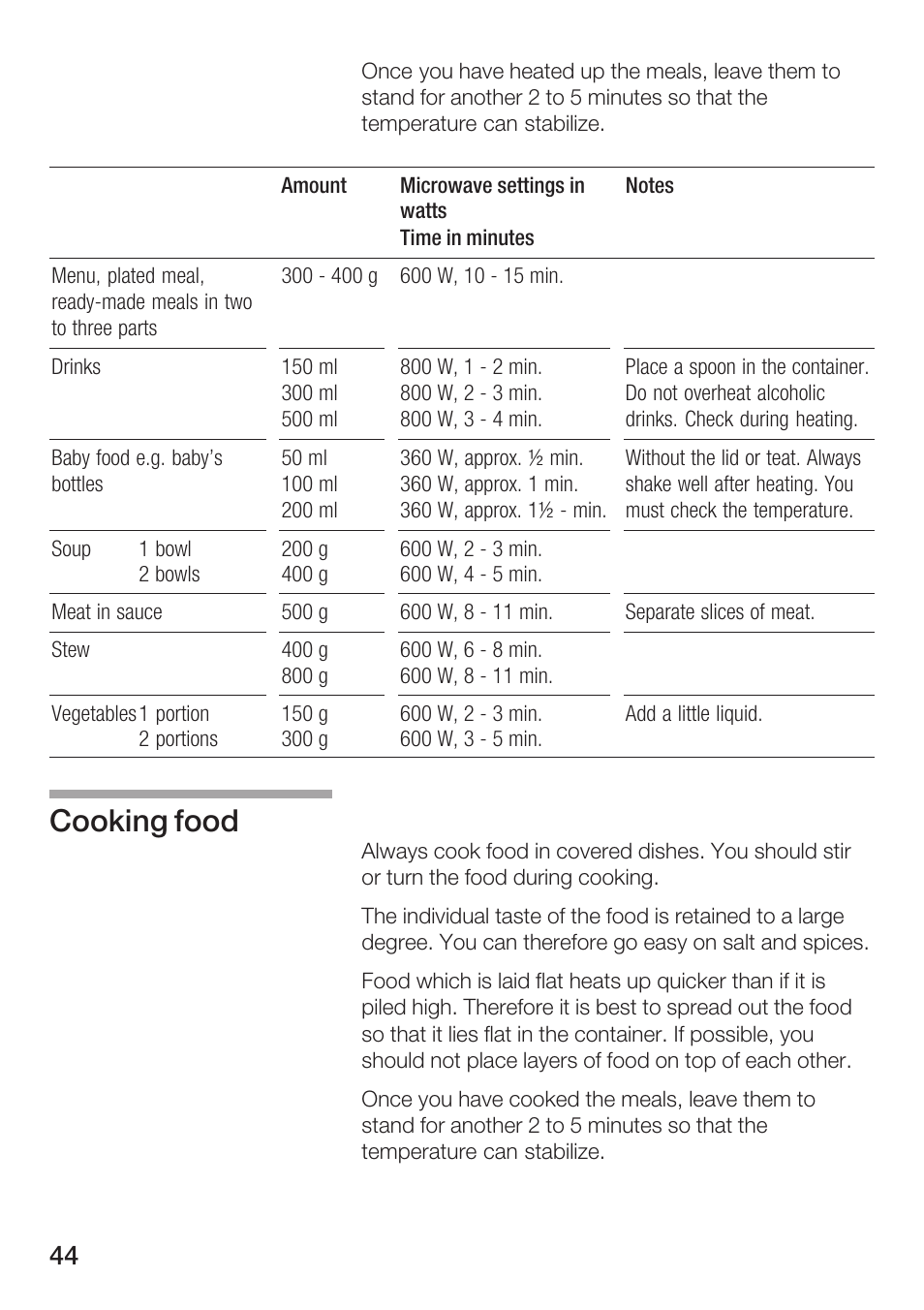 Cooking food | Siemens HF12M240 User Manual | Page 44 / 132