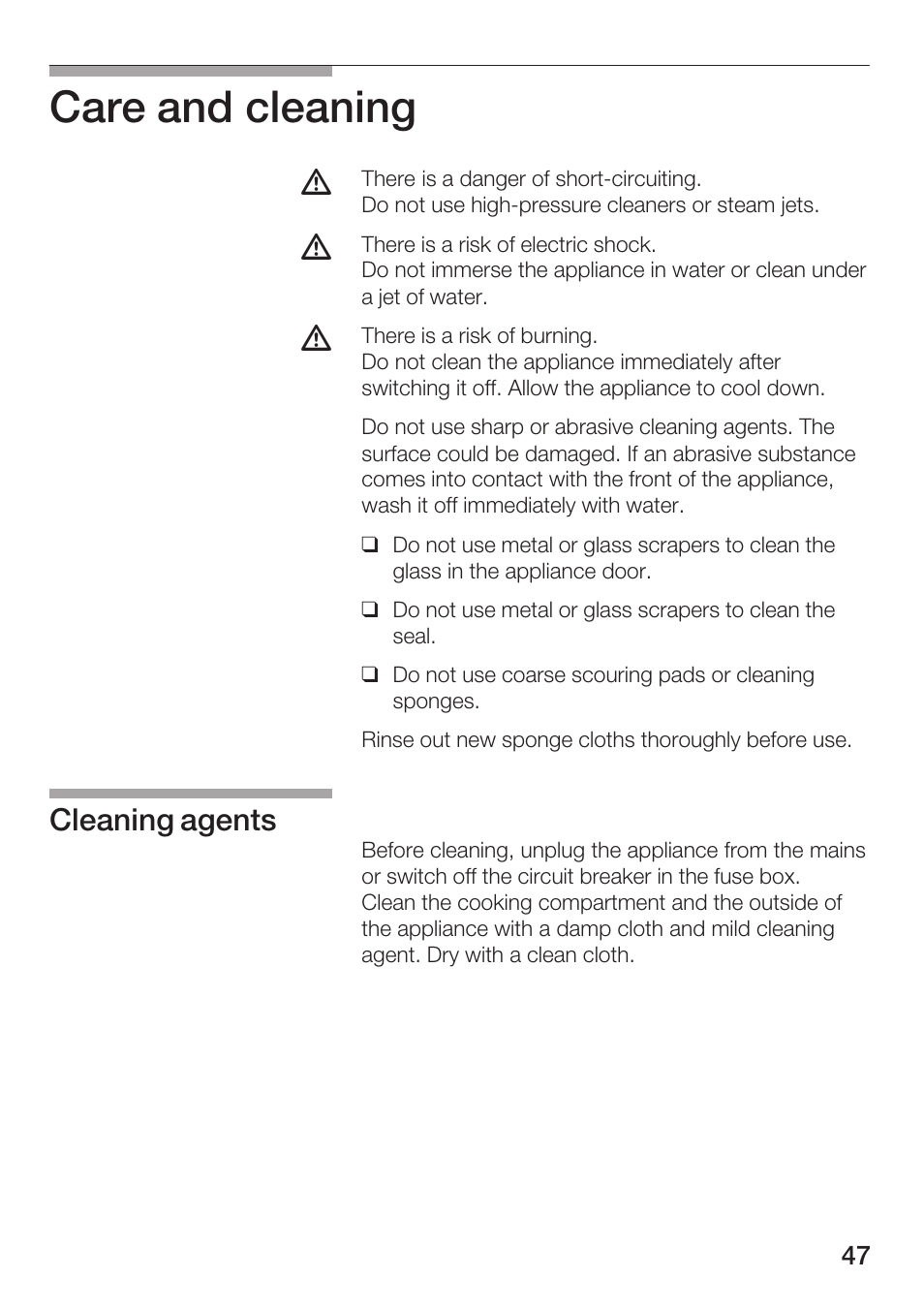 Care and cleaning, Cleaning agents | Siemens HF12M240 User Manual | Page 47 / 132