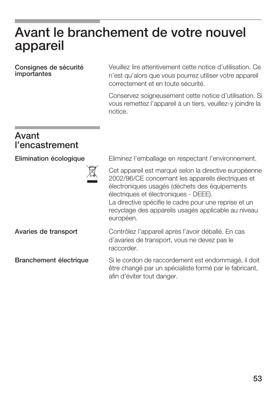 Avant le branchement de votre nouvel appareil, Avant l'encastrement | Siemens HF12M240 User Manual | Page 53 / 132