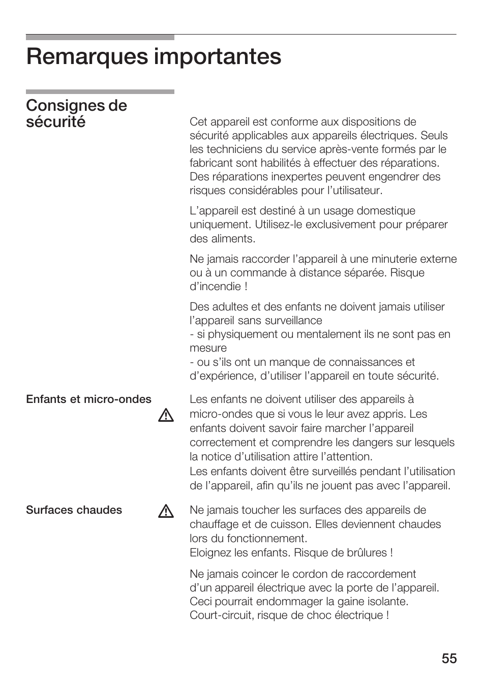 Remarques importantes, Consignes de sécurité | Siemens HF12M240 User Manual | Page 55 / 132