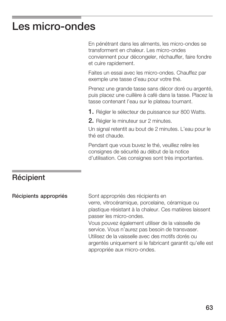 Les microćondes, Récipient | Siemens HF12M240 User Manual | Page 63 / 132