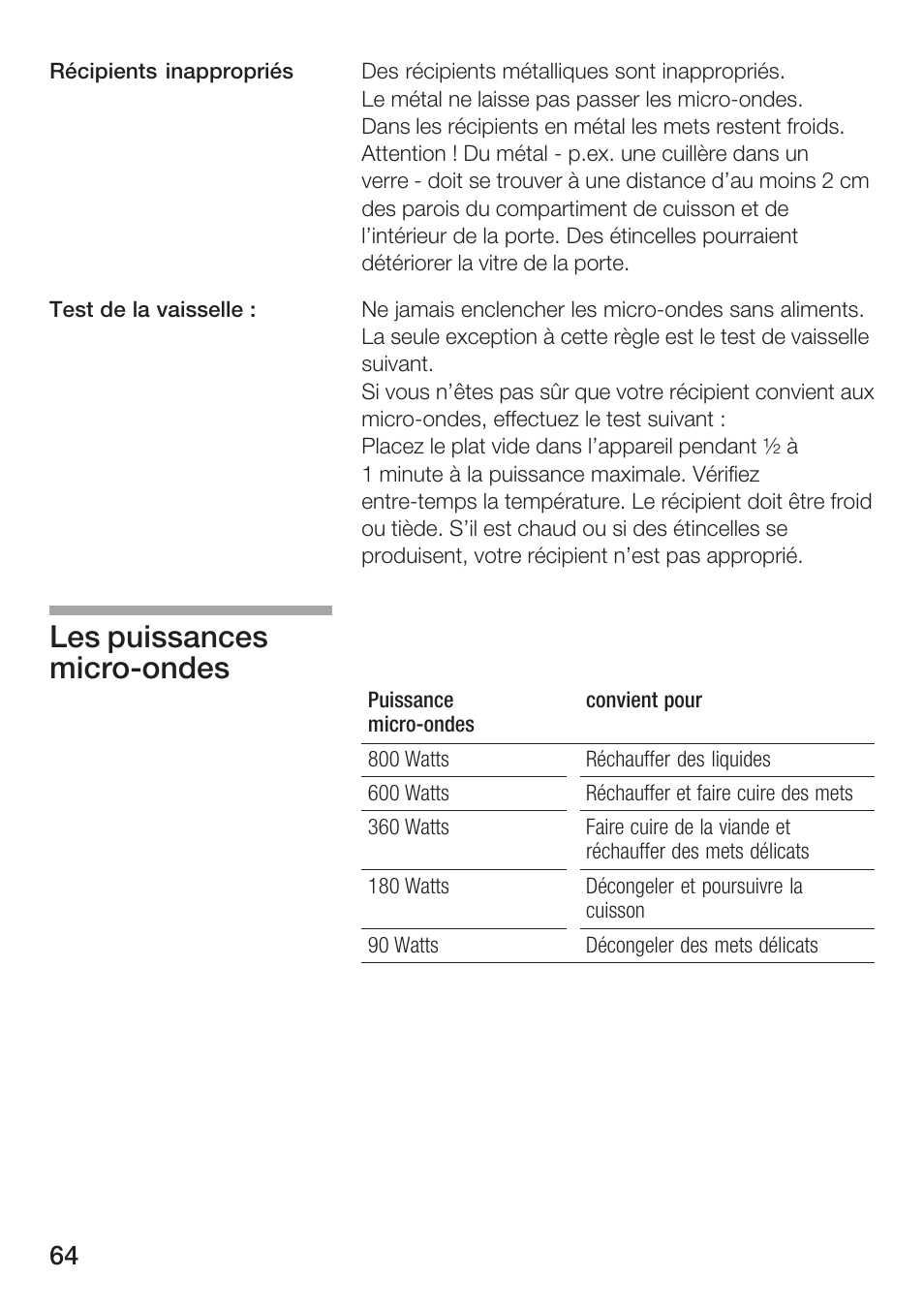 Les puissances microćondes | Siemens HF12M240 User Manual | Page 64 / 132