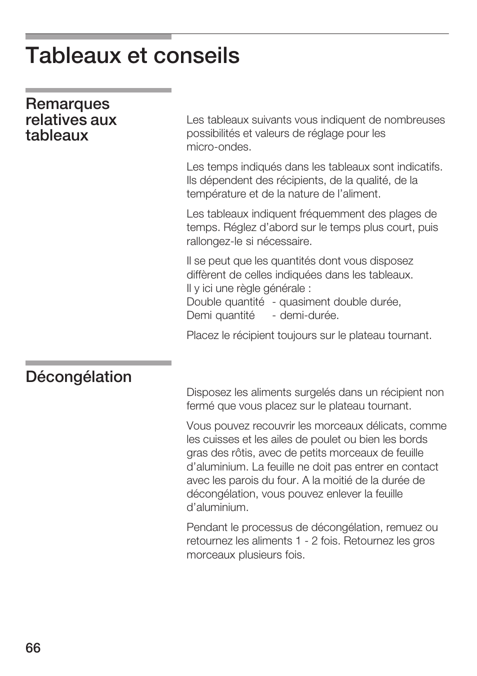 Tableaux et conseils, Remarques relatives aux tableaux décongélation | Siemens HF12M240 User Manual | Page 66 / 132