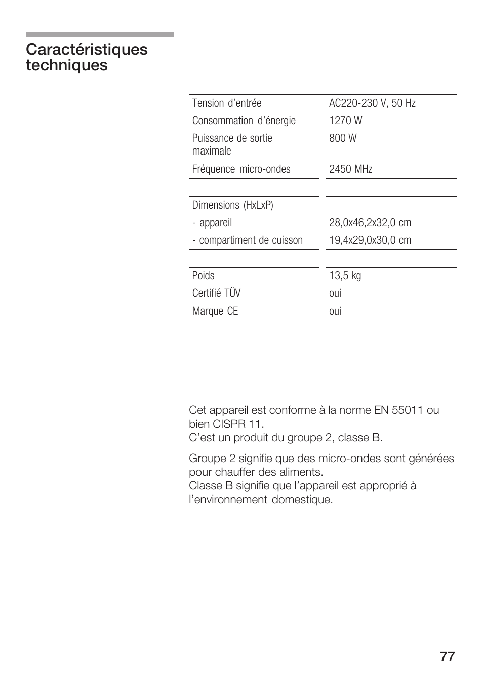 Caractéristiques techniques | Siemens HF12M240 User Manual | Page 77 / 132