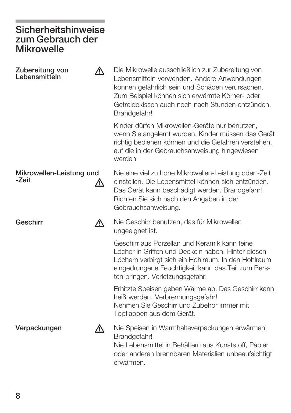 Sicherheitshinweise zum gebrauch der mikrowelle | Siemens HF12M240 User Manual | Page 8 / 132