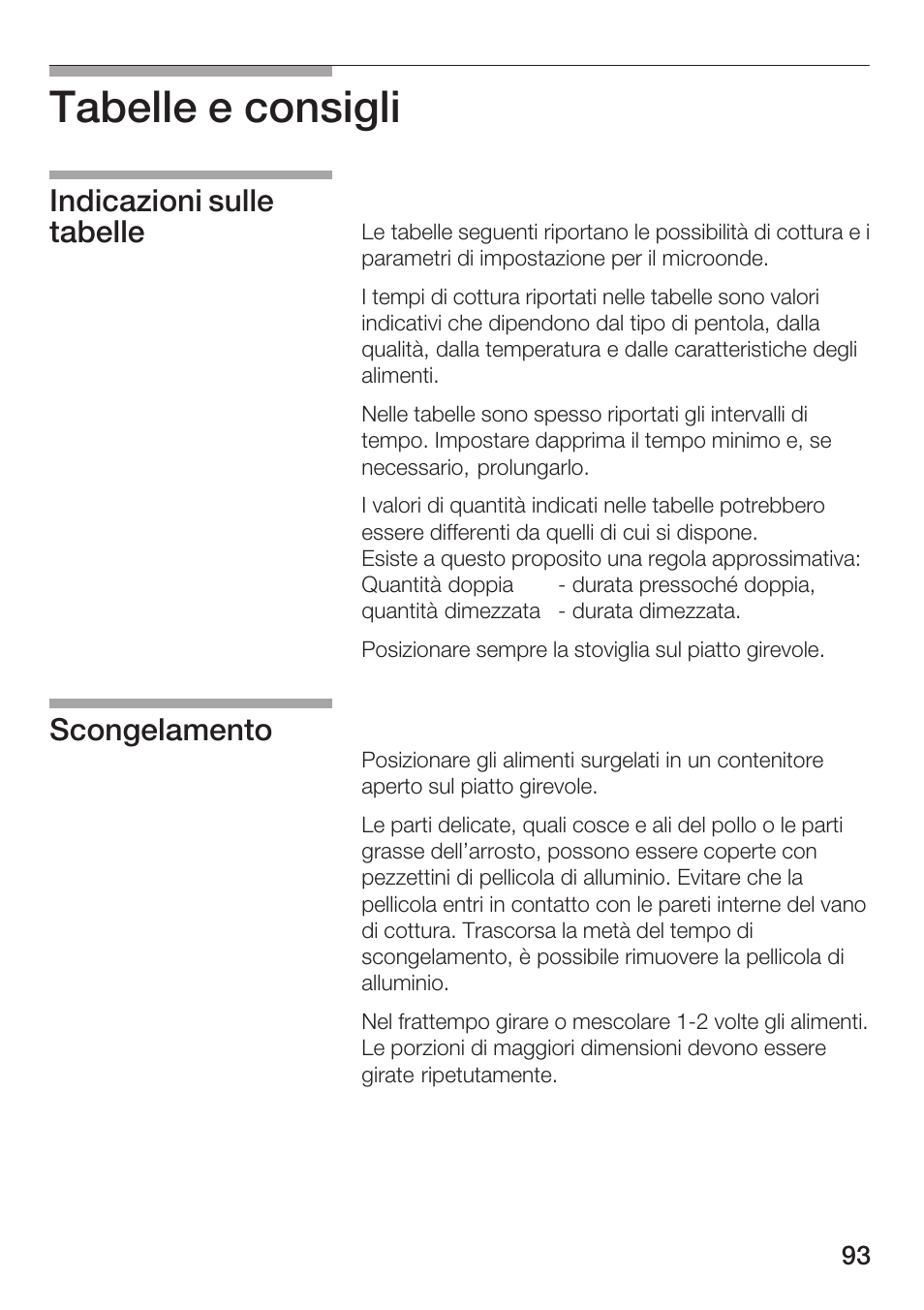 Tabelle e consigli, Indicazioni sulle tabelle scongelamento | Siemens HF12M240 User Manual | Page 93 / 132