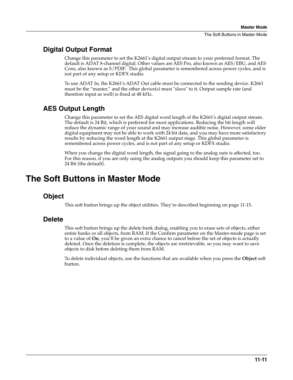 Digital output format, Aes output length, The soft buttons in master mode | Object, Delete, The soft buttons in master mode -11 | ALESIS K2661 User Manual | Page 101 / 286