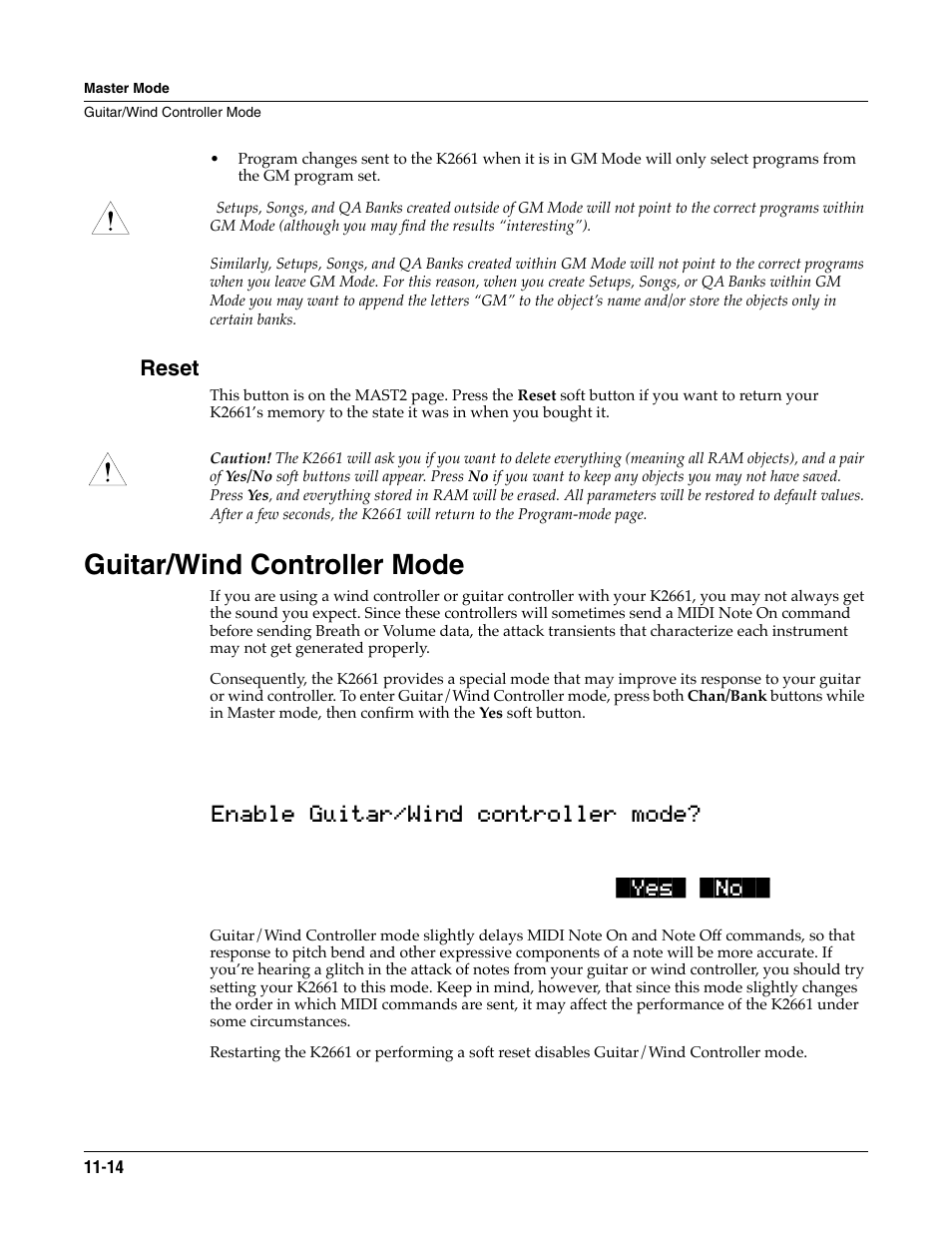 Reset, Guitar/wind controller mode, Guitar/wind controller mode -14 | ALESIS K2661 User Manual | Page 104 / 286