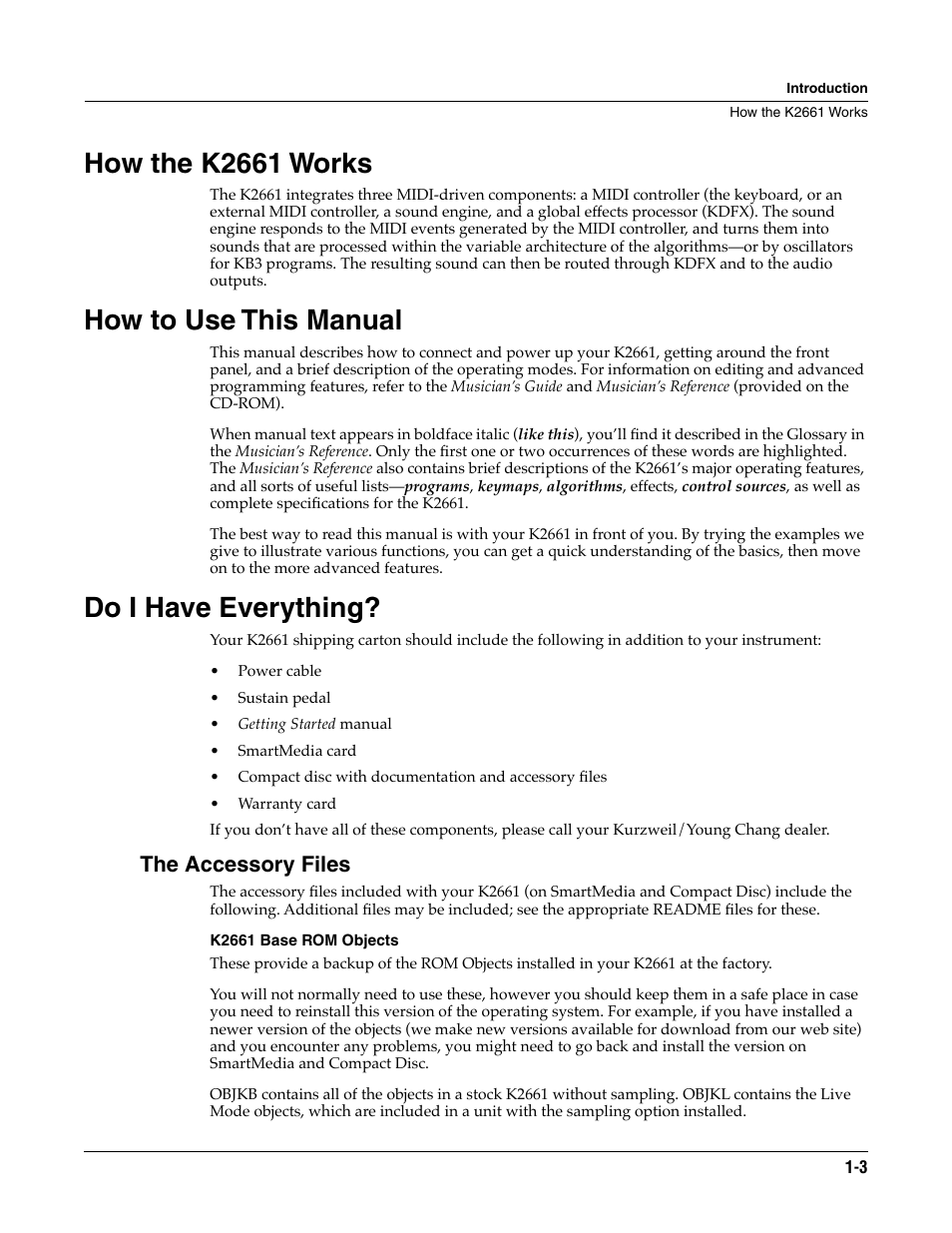 How the k2661 works, How to use this manual, Do i have everything | The accessory files, K2661 base rom objects | ALESIS K2661 User Manual | Page 11 / 286