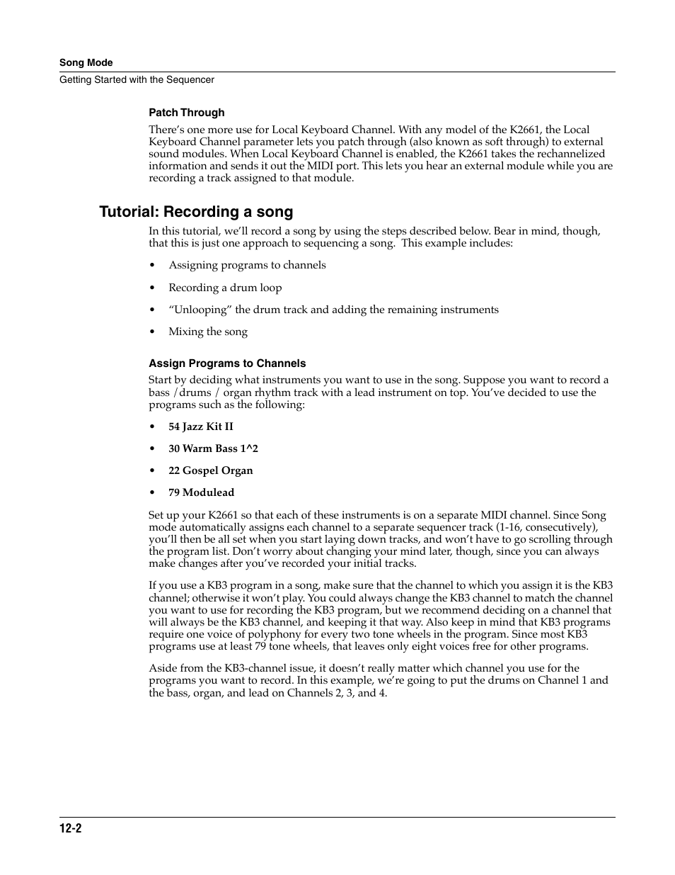 Patch through, Tutorial: recording a song, Assign programs to channels | ALESIS K2661 User Manual | Page 112 / 286