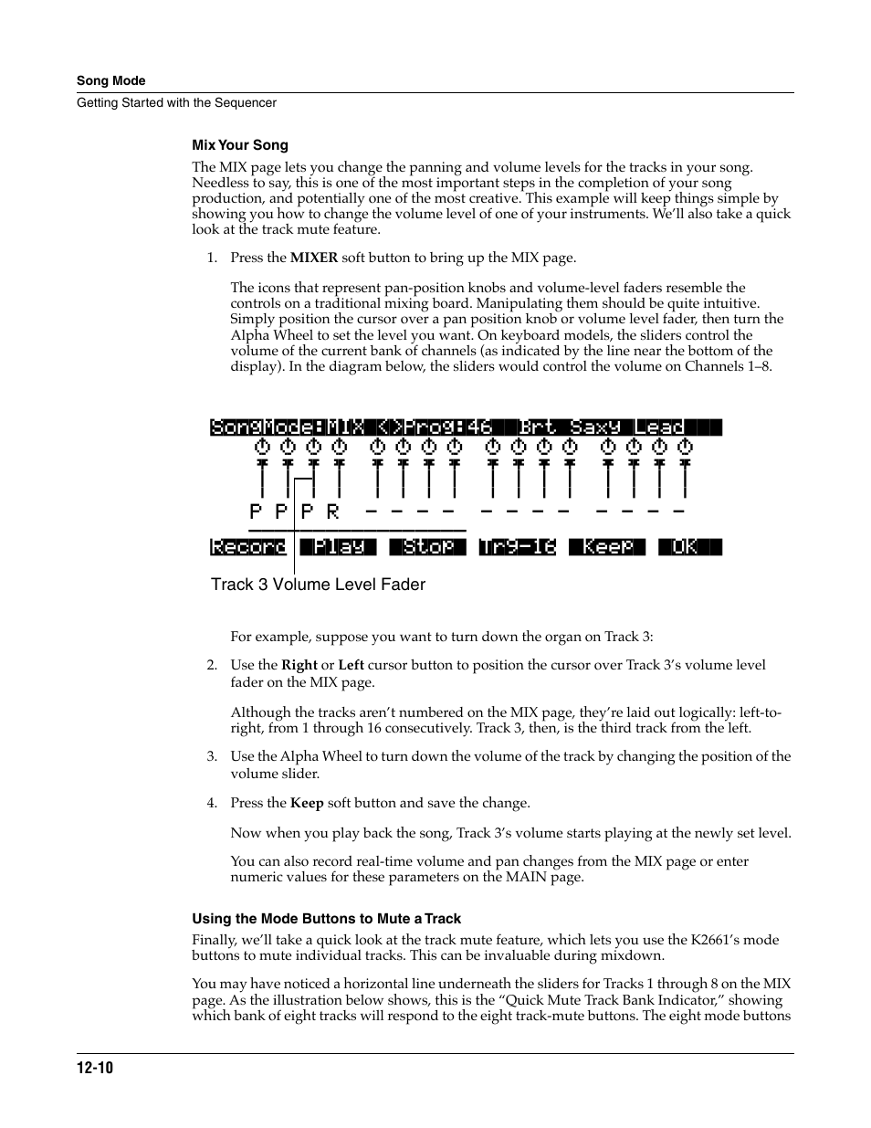 Mix your song, Using the mode buttons to mute a track | ALESIS K2661 User Manual | Page 120 / 286