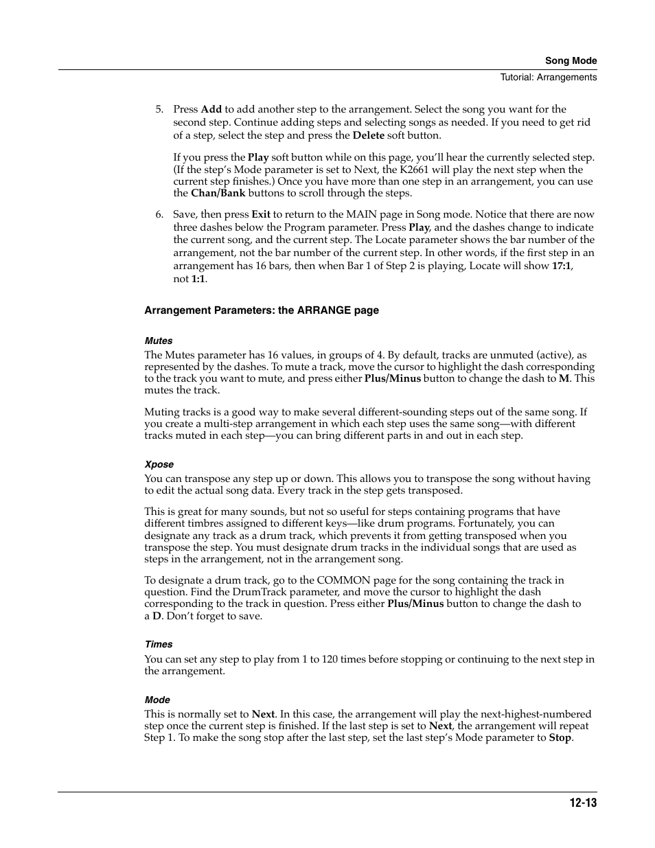 Mutes, Xpose, Times | Mode | ALESIS K2661 User Manual | Page 123 / 286