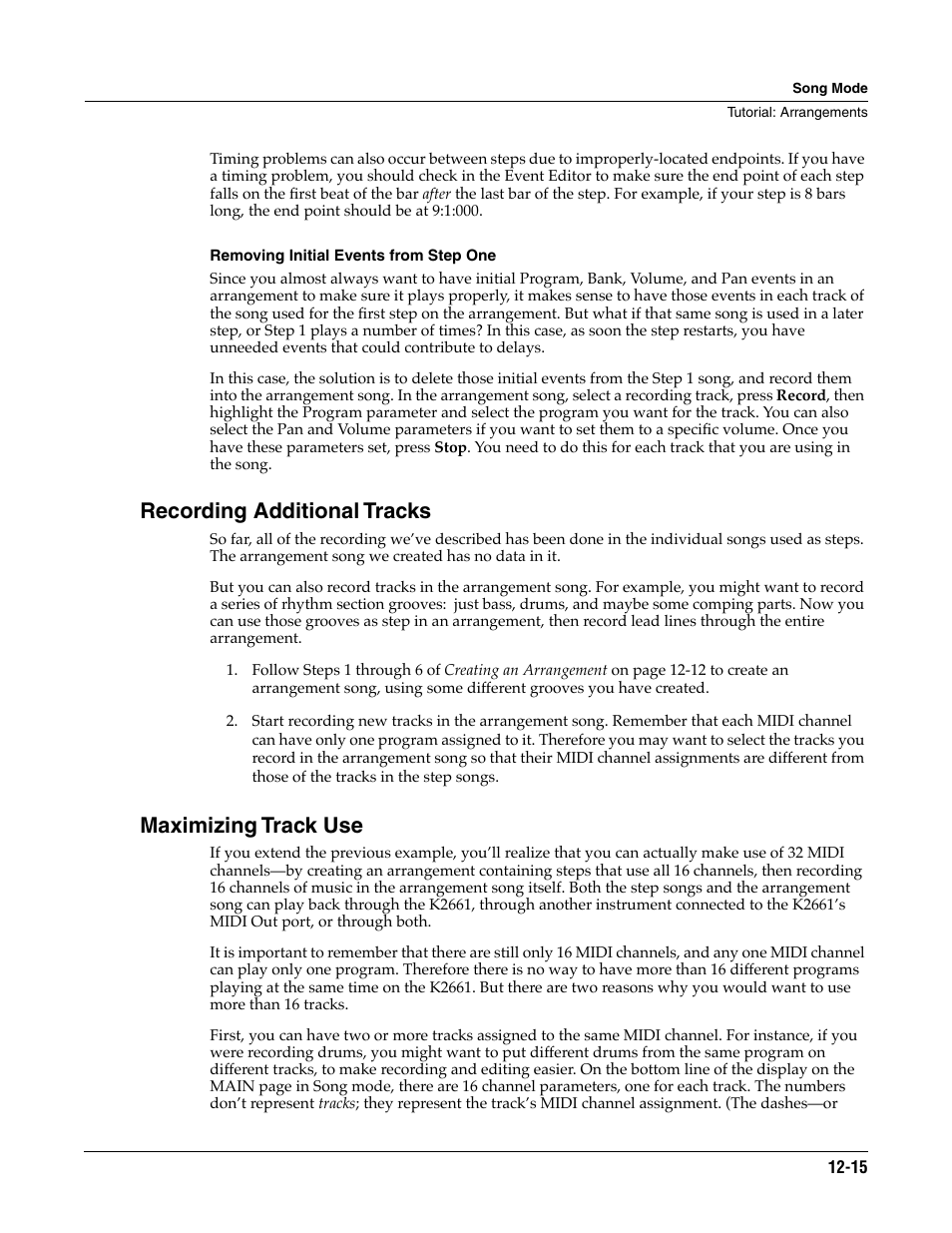 Removing initial events from step one, Recording additional tracks, Maximizing track use | ALESIS K2661 User Manual | Page 125 / 286