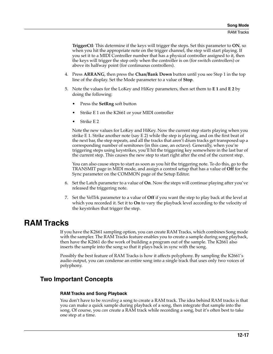 Ram tracks, Two important concepts, Ram tracks and song playback | Ram tracks -17 | ALESIS K2661 User Manual | Page 127 / 286