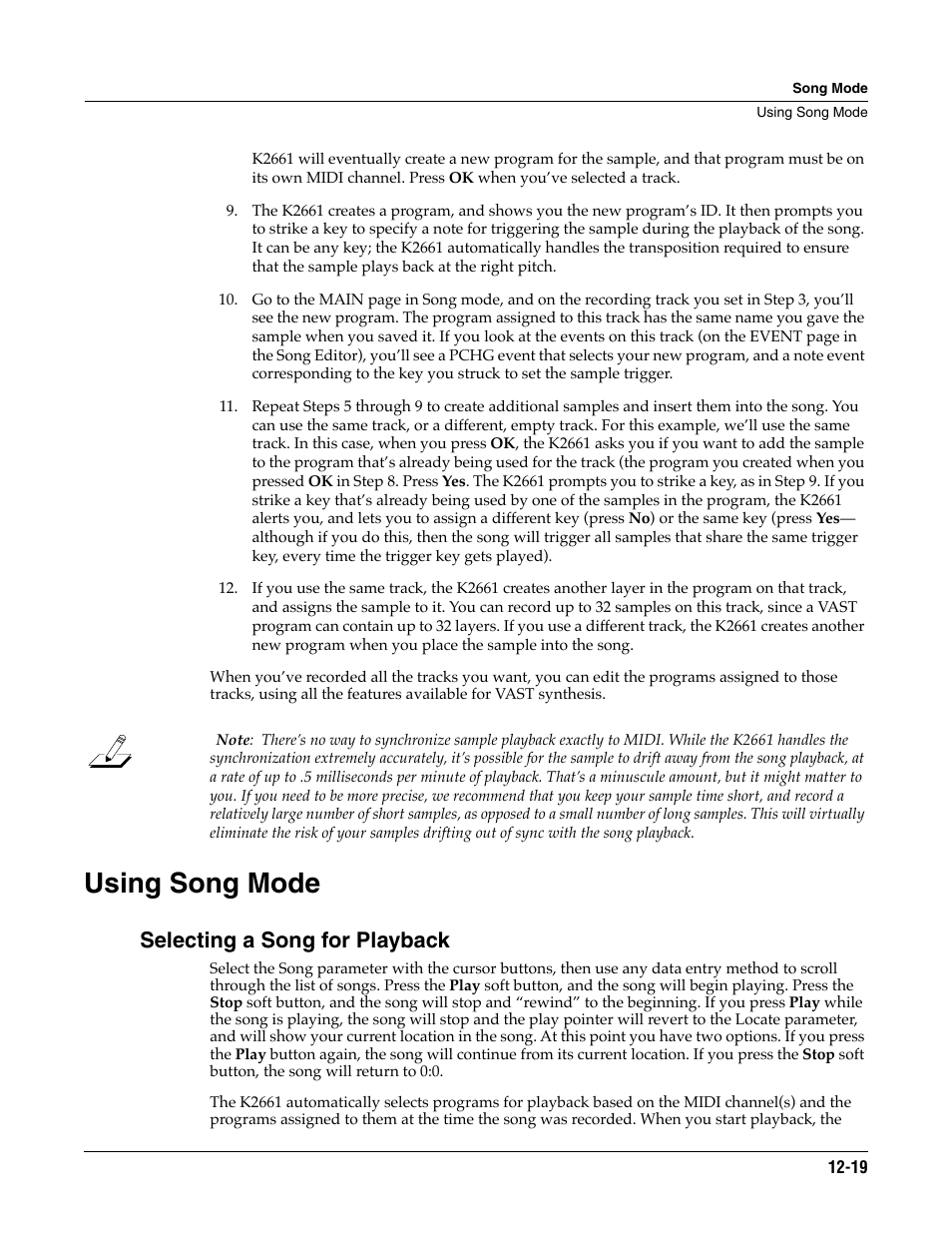 Using song mode, Selecting a song for playback, Using song mode -19 | ALESIS K2661 User Manual | Page 129 / 286