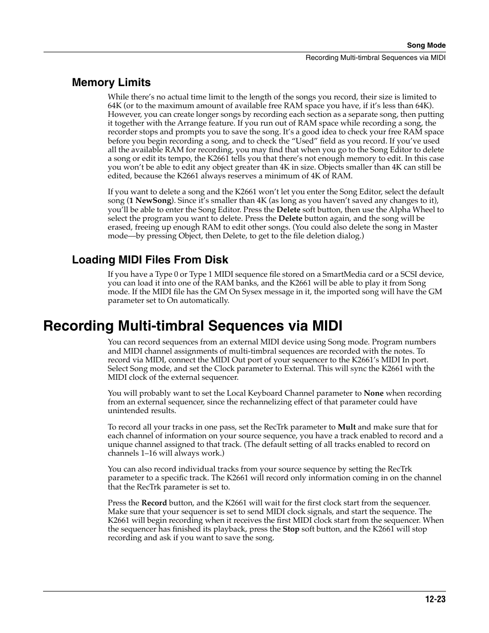 Memory limits, Loading midi files from disk, Recording multi-timbral sequences via midi | Recording multi-timbral sequences via midi -23 | ALESIS K2661 User Manual | Page 133 / 286