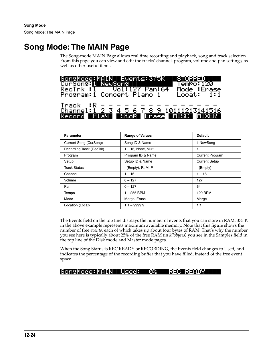 Song mode: the main page, Songmode:main||used:||0%|||rec|ready | ALESIS K2661 User Manual | Page 134 / 286