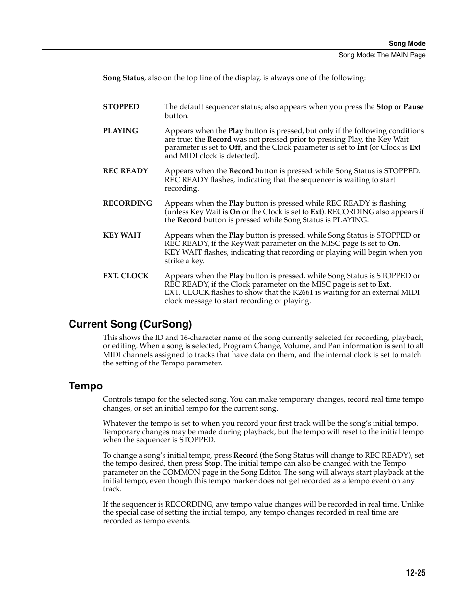 Current song (cursong), Tempo | ALESIS K2661 User Manual | Page 135 / 286