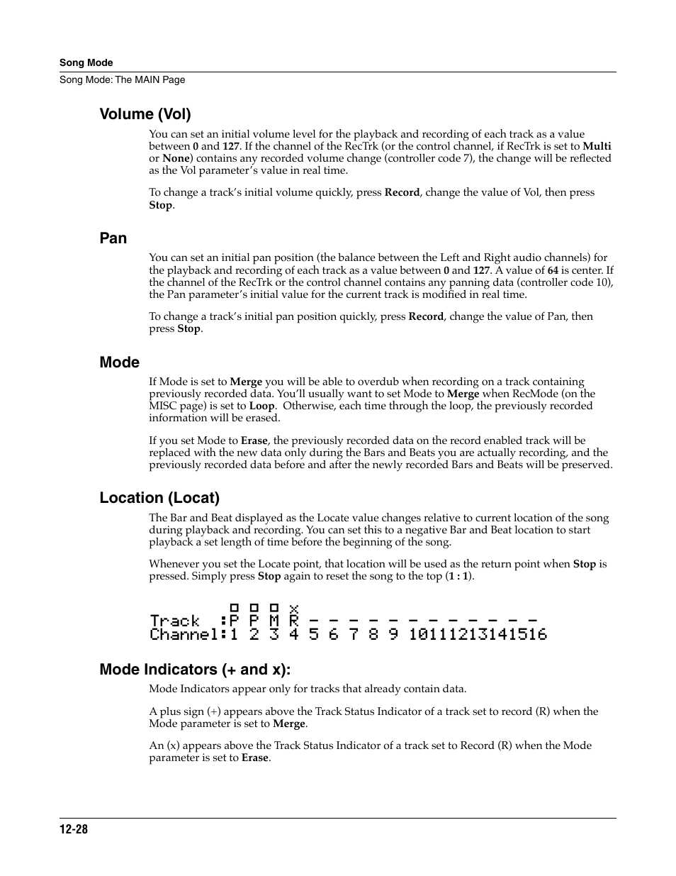 Volume (vol), Mode, Location (locat) | Mode indicators (+ and x) | ALESIS K2661 User Manual | Page 138 / 286