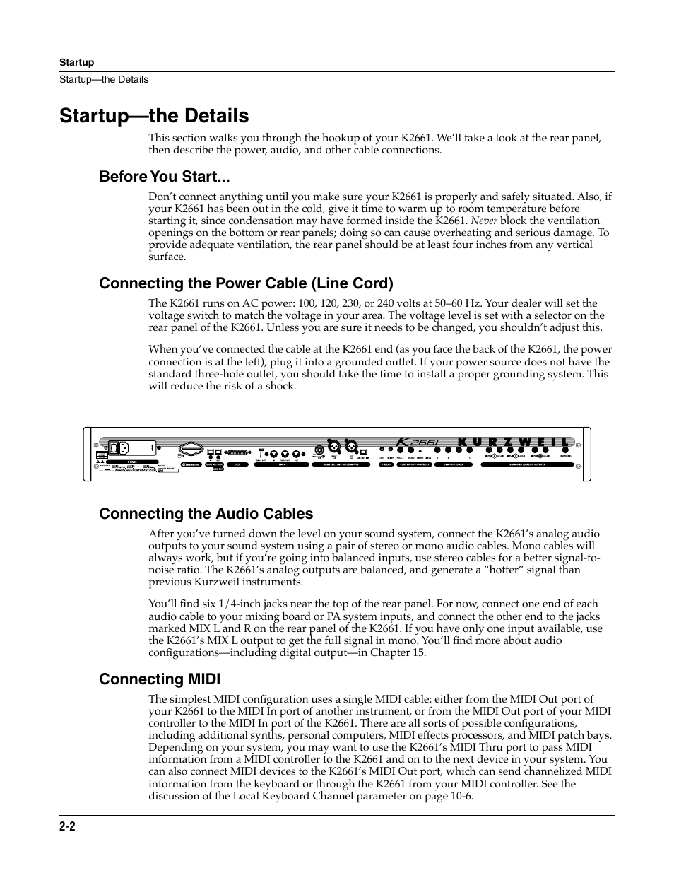 Startup—the details, Before you start, Connecting the power cable (line cord) | Connecting the audio cables, Connecting midi, Startup—the details -2 | ALESIS K2661 User Manual | Page 14 / 286