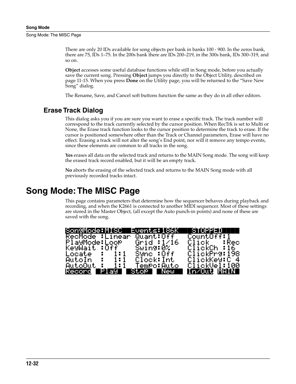 Erase track dialog, Song mode: the misc page | ALESIS K2661 User Manual | Page 142 / 286