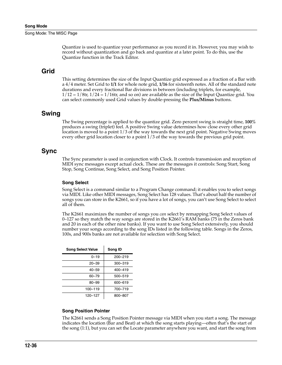 Grid, Swing, Sync | Song select, Song position pointer | ALESIS K2661 User Manual | Page 146 / 286