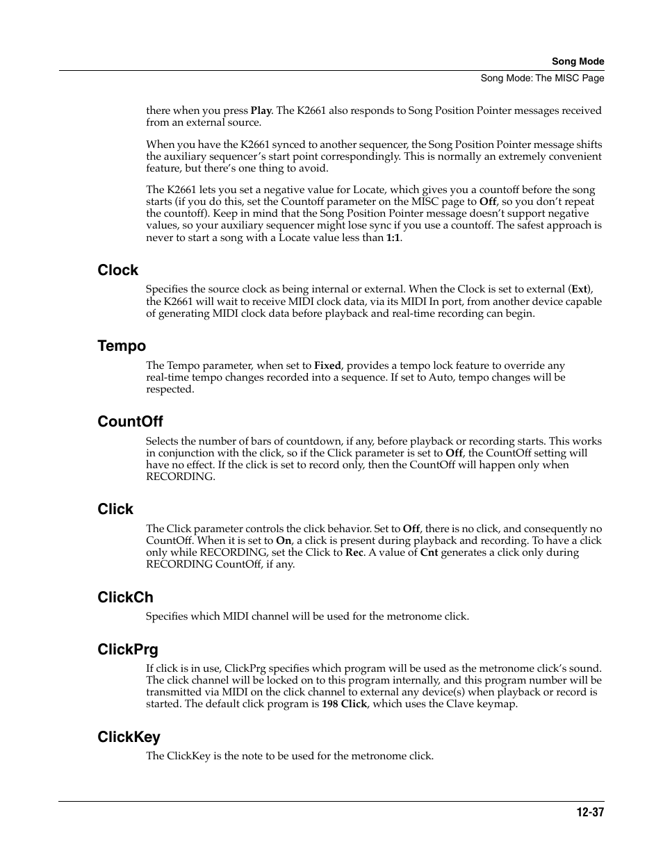 Clock, Tempo, Countoff | Click, Clickch, Clickprg, Clickkey | ALESIS K2661 User Manual | Page 147 / 286