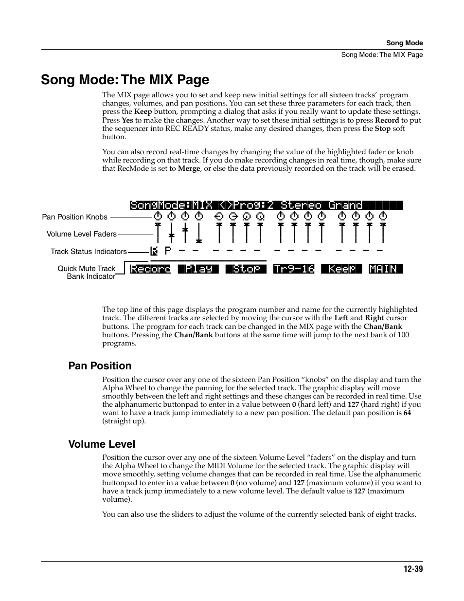 Pan position, Volume level, Song mode: the mix page | ALESIS K2661 User Manual | Page 149 / 286