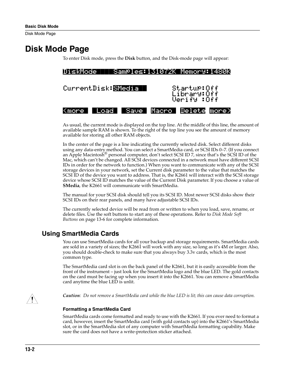 Using smartmedia cards, Formatting a smartmedia card, Disk mode page | ALESIS K2661 User Manual | Page 152 / 286
