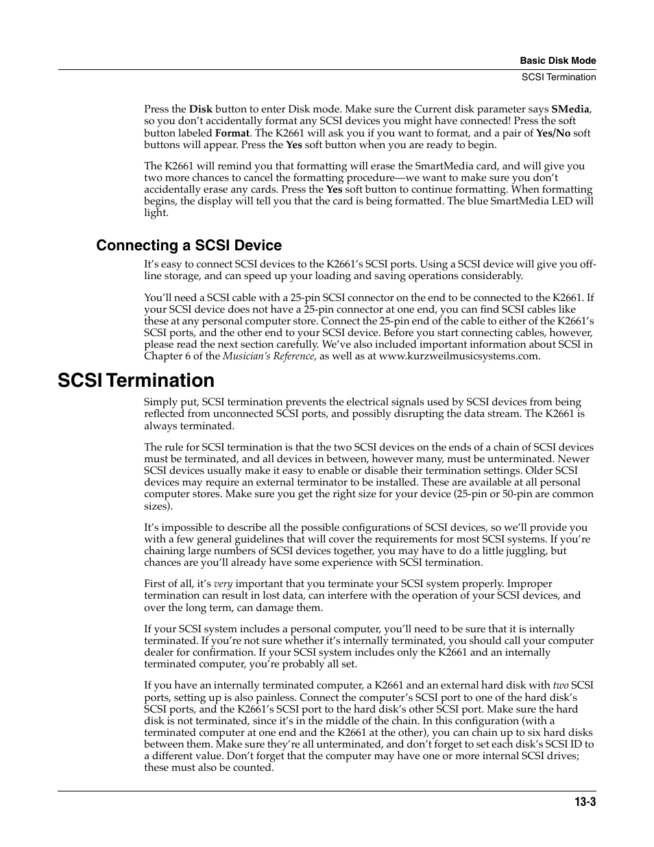 Connecting a scsi device, Scsi termination, Scsi termination -3 | Ead the section called scsi, T terminated properly | ALESIS K2661 User Manual | Page 153 / 286