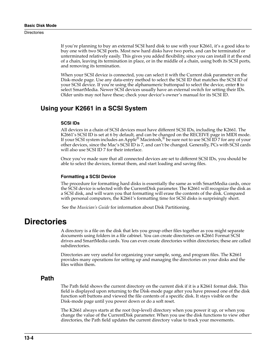 Using your k2661 in a scsi system, Scsi ids, Formatting a scsi device | Directories, Path, Directories -4 | ALESIS K2661 User Manual | Page 154 / 286