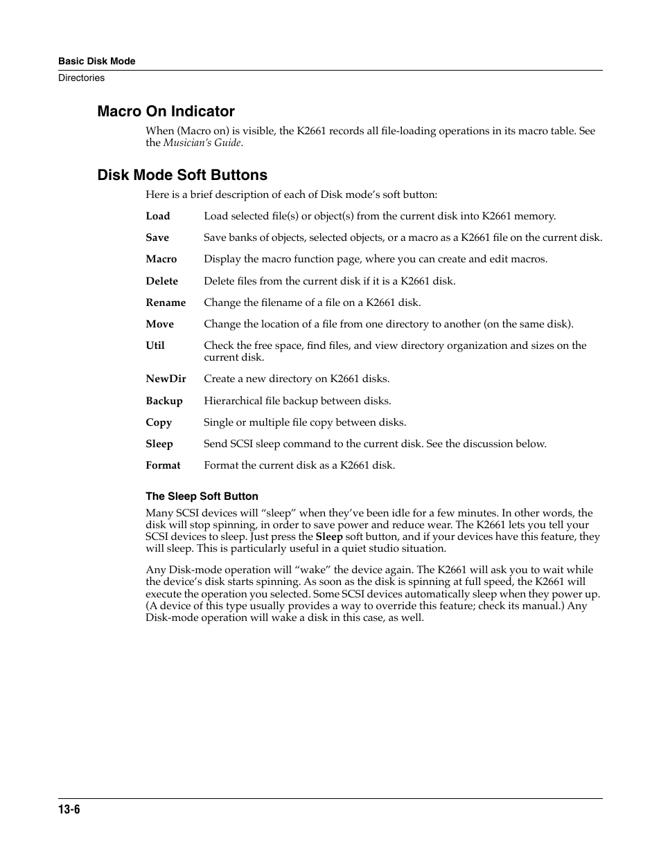 Macro on indicator, Disk mode soft buttons, The sleep soft button | ALESIS K2661 User Manual | Page 156 / 286