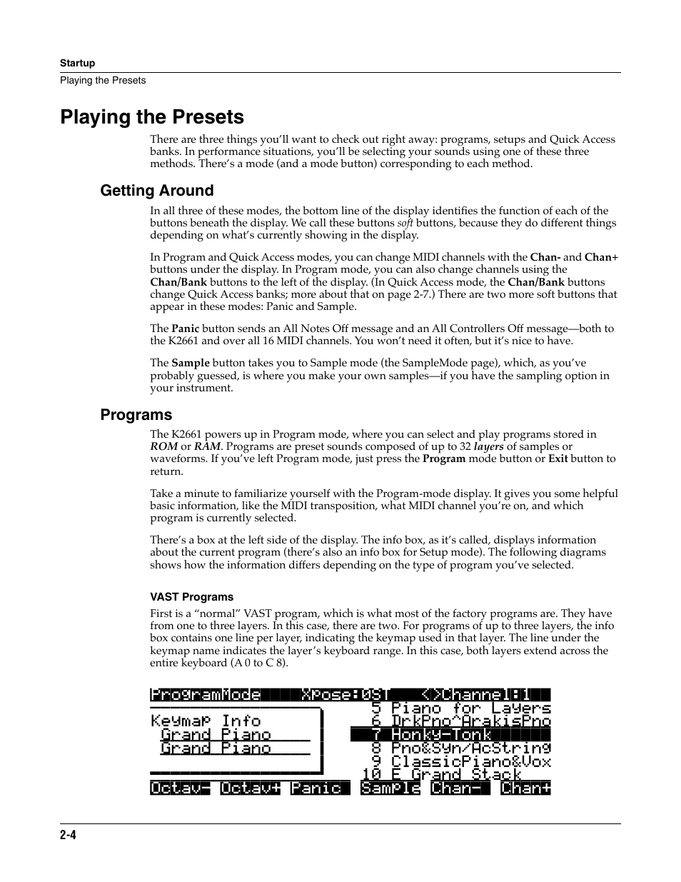 Playing the presets, Getting around, Programs | Vast programs, Playing the presets -4 | ALESIS K2661 User Manual | Page 16 / 286