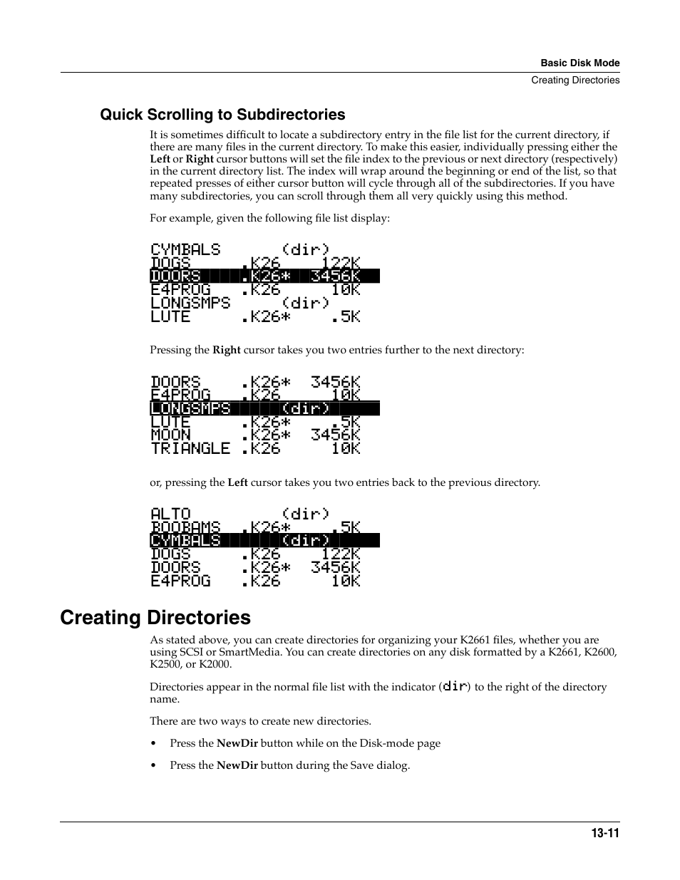 Quick scrolling to subdirectories, Creating directories, Creating directories -11 | ALESIS K2661 User Manual | Page 161 / 286