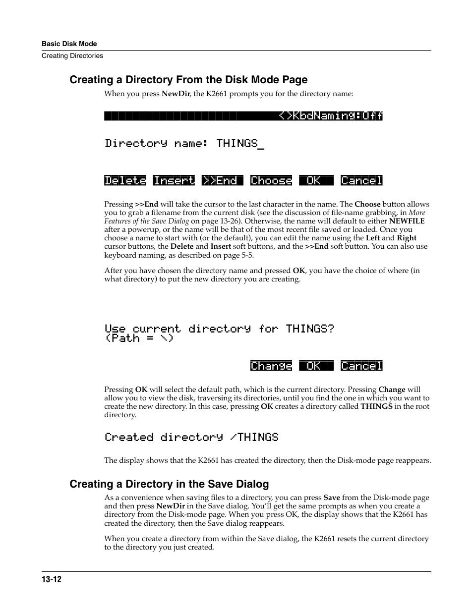 Creating a directory in the save dialog, Creating a directory from the disk mode page | ALESIS K2661 User Manual | Page 162 / 286